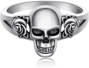 Skull Rings Sterling Silver Skull Rose Ring With Vampire Coffin Gothic Skeleton Jewelry Gift for Women