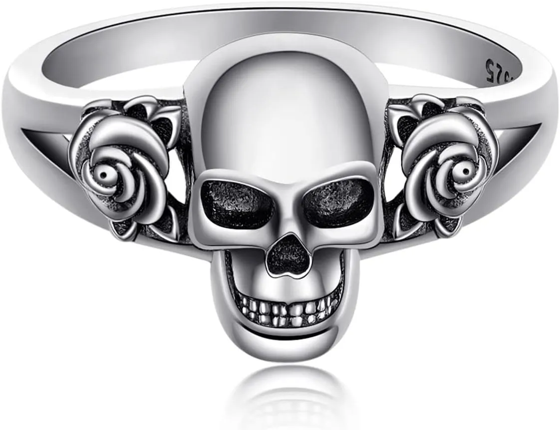 Skull Rings Sterling Silver Skull Rose Ring With Vampire Coffin Gothic Skeleton Jewelry Gift for Women