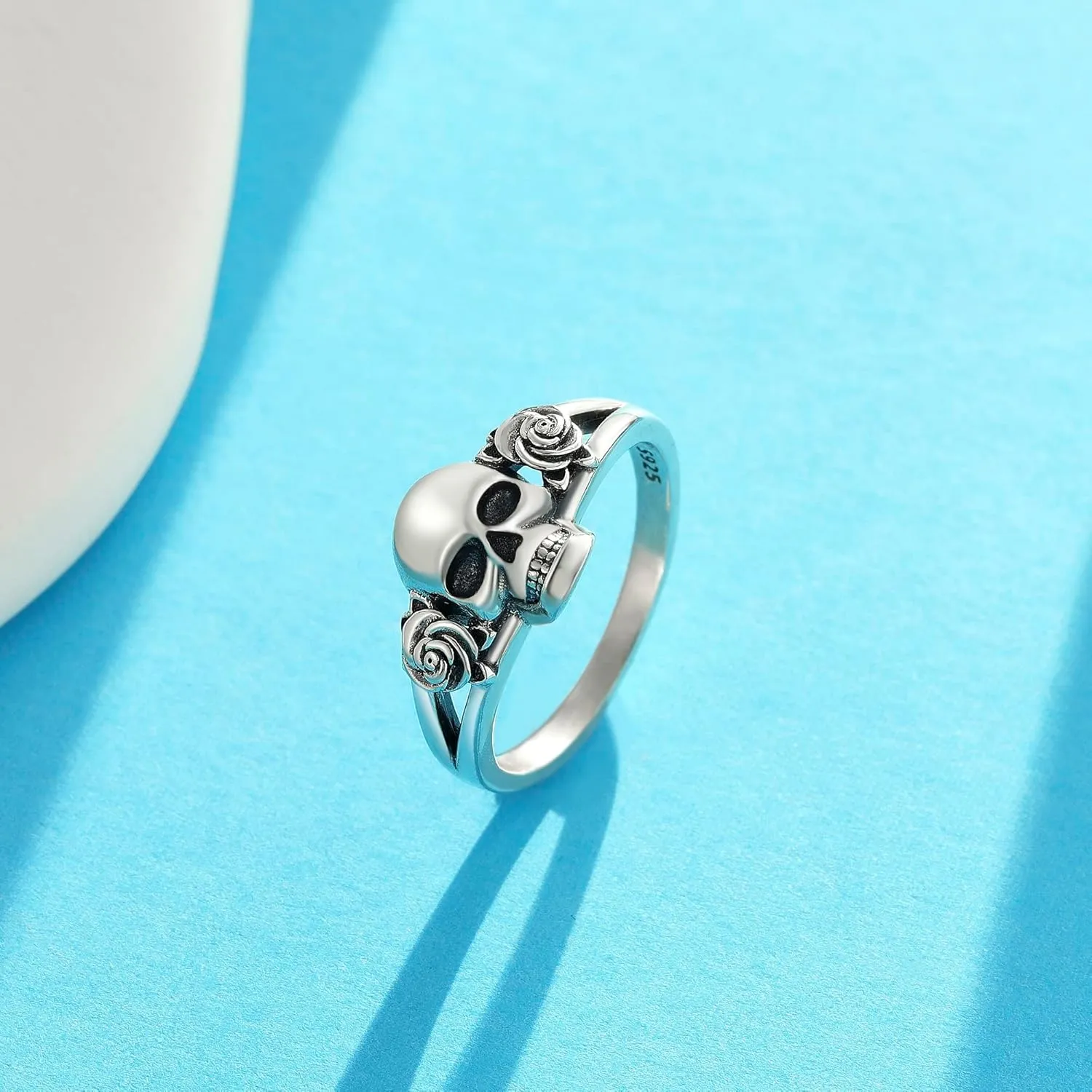 Skull Rings Sterling Silver Skull Rose Ring With Vampire Coffin Gothic Skeleton Jewelry Gift for Women