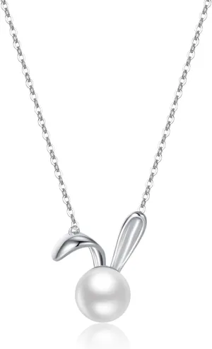 SLUYNZ 925 Sterling Silver Pearl Rabbit Pendant Necklace for Women Teens Easter Rabbit Choker Necklace Chian