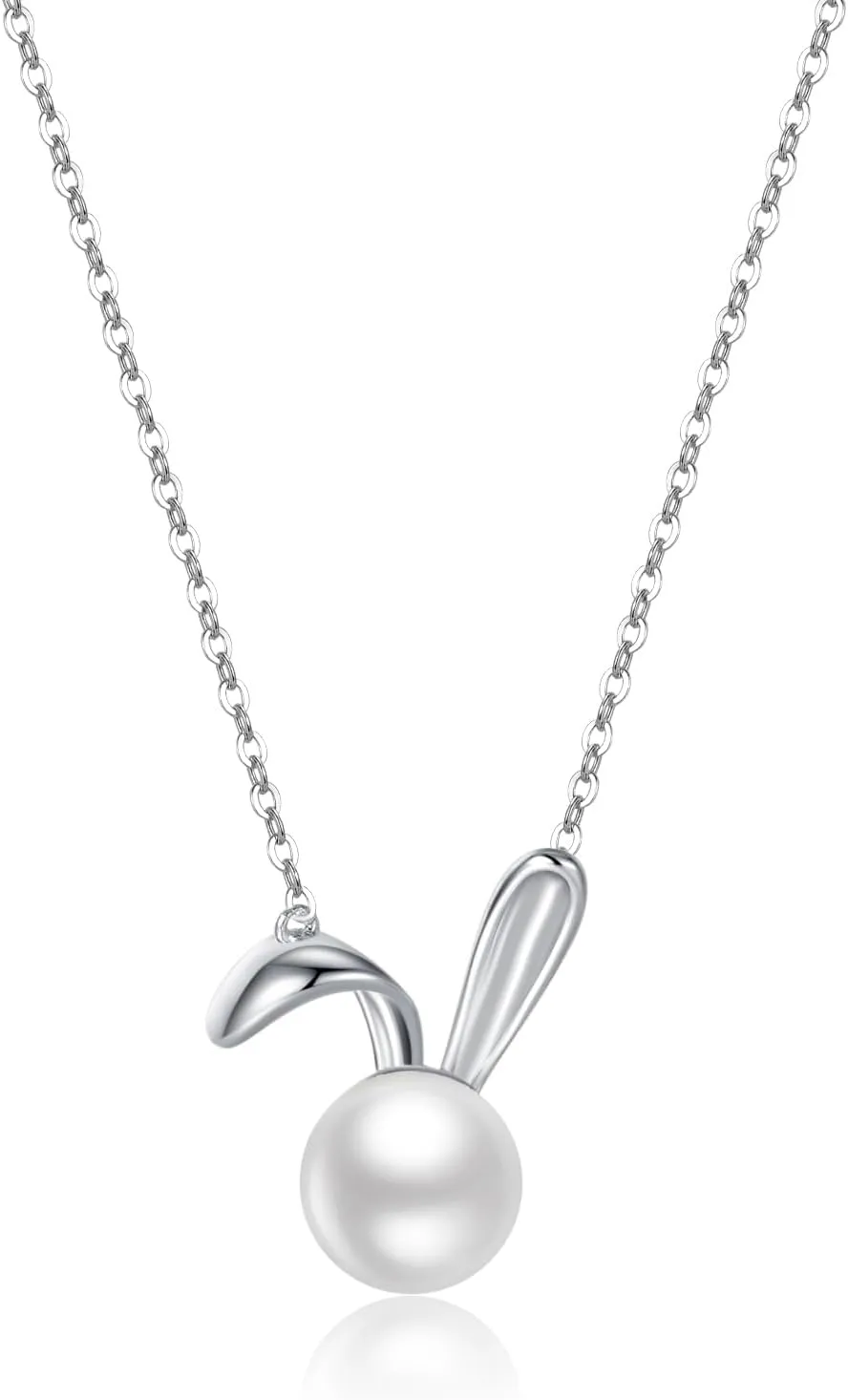SLUYNZ 925 Sterling Silver Pearl Rabbit Pendant Necklace for Women Teens Easter Rabbit Choker Necklace Chian