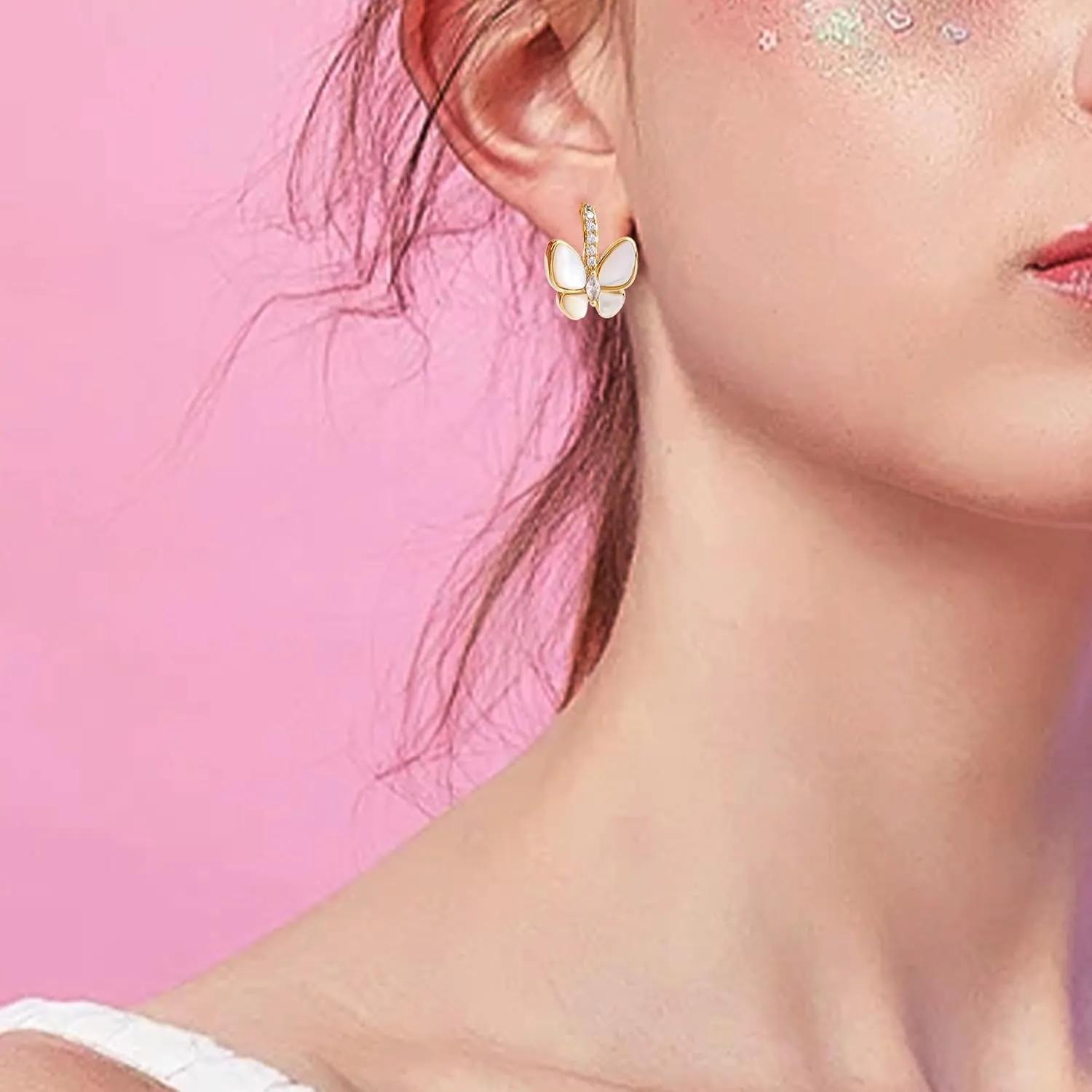 Small 14K Gold Plated Hoop Earrings for Woman, Dainty Cute Rhinestone Cubic Zirconia Huggis Cartilage Earing Prom Jewelry Gift