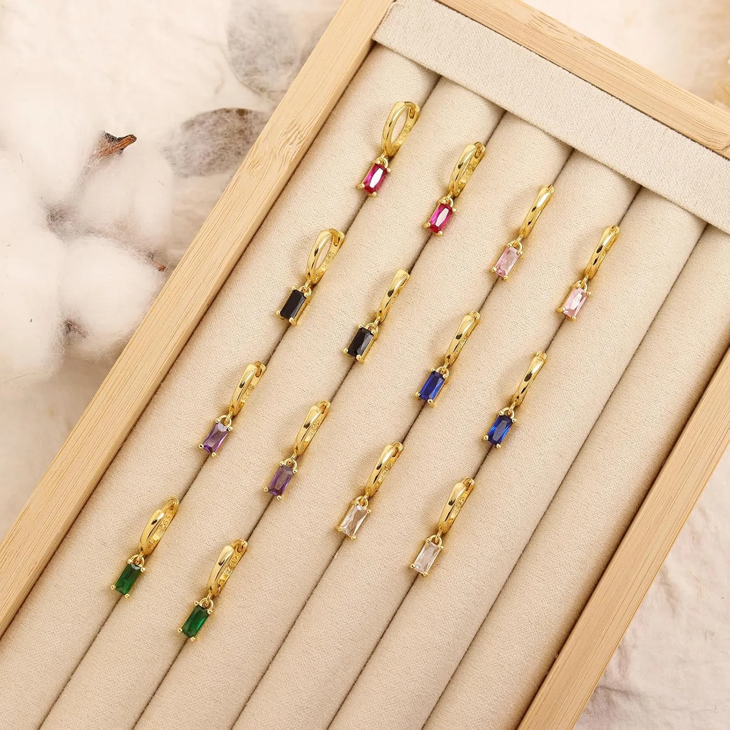Small Gold Silver Hoop Earrings for Women, Dainty Square Rhinestone Lightweight Rectangle Multicolor Crystal Birthstone Dangling Huggie Earing Prom Jewelry Gift