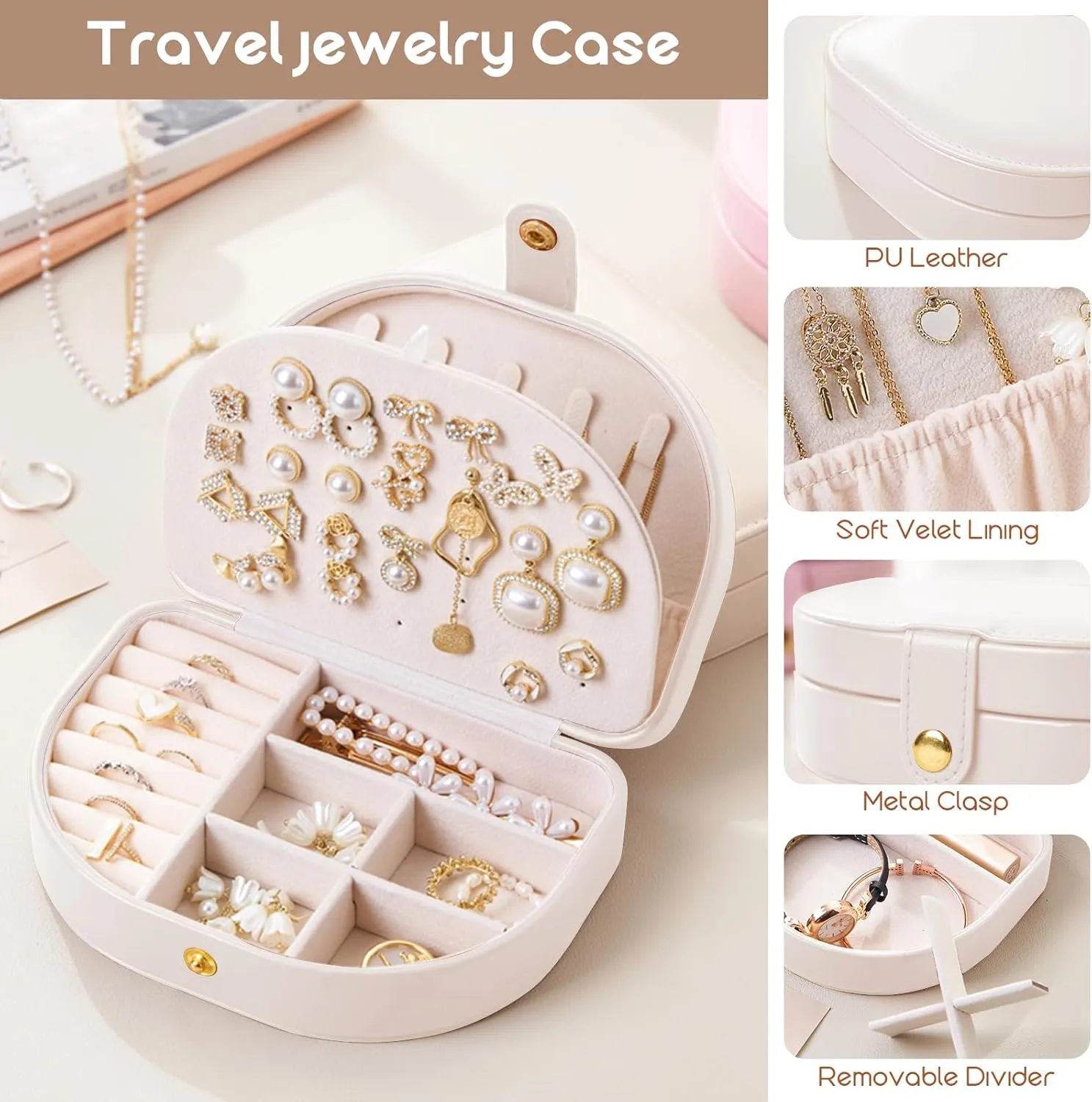 Small Travel Jewelry Box, Leather Waterproof Jewelry Case for Women, Removable Large Capacity Jewelry Organizer, Store Necklaces, Earrings, Rings, Gifts for Women and Girls,2 Layers White