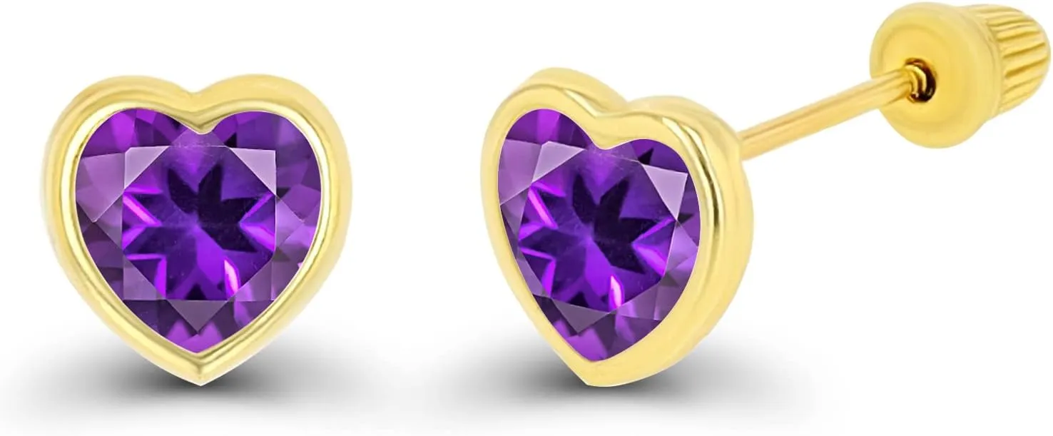 Solid 14K Gold Hypoallergenic 4mm Heart Shaped Birthstone Polished Bezel Screw Back Stud Earrings