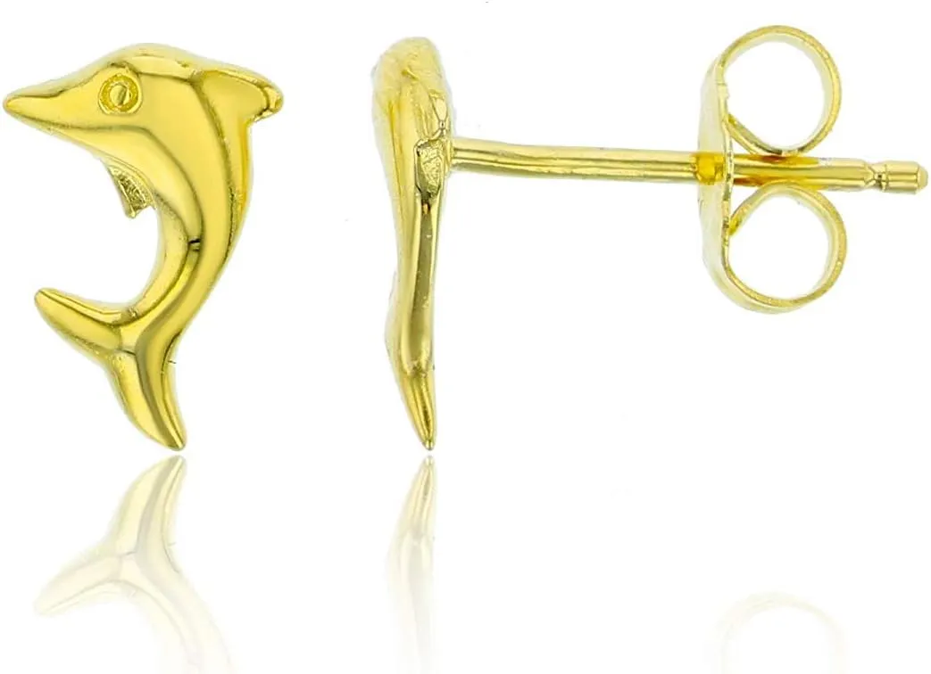 Solid 925 Sterling Silver Polished Dolphin Stud Earrings for Women | 7mm Gold Plated Hypoallergenic Studs