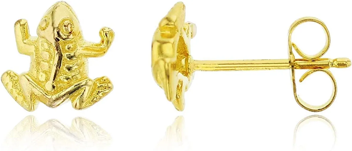 Solid 925 Sterling Silver Polished Frog Stud Earrings for Women | 7.5mm Gold Plated Hypoallergenic Studs