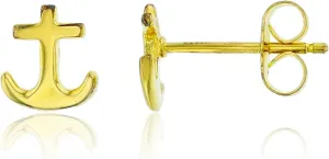 Solid 925 Sterling Silver Polished Sea Anchor Stud Earrings for Women | 7.7mm Gold Plated Hypoallergenic Studs