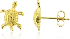 Solid 925 Sterling Silver Polished Sea Turtle Stud Earrings for Women | 12.5mm Gold Plated Hypoallergenic Studs