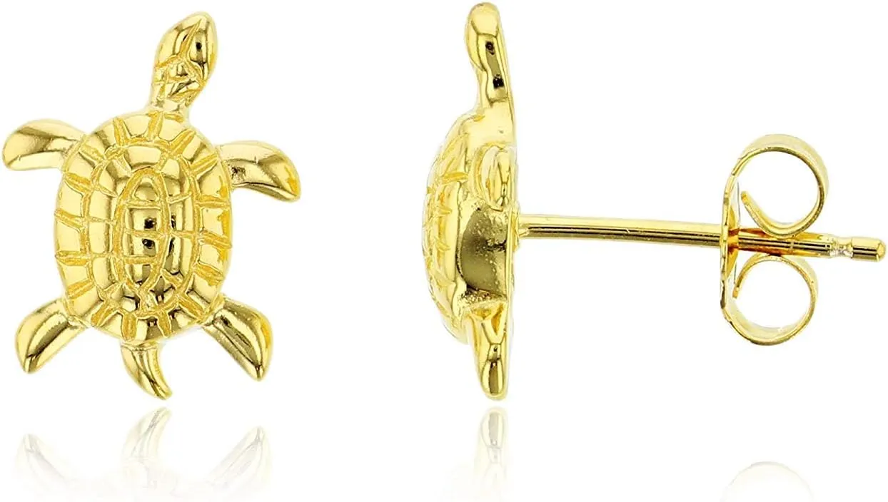 Solid 925 Sterling Silver Polished Sea Turtle Stud Earrings for Women | 12.5mm Gold Plated Hypoallergenic Studs