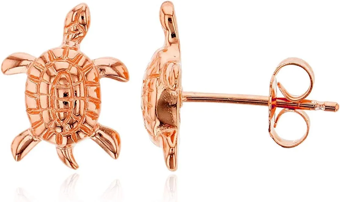 Solid 925 Sterling Silver Polished Sea Turtle Stud Earrings for Women | 12.5mm Gold Plated Hypoallergenic Studs