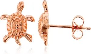 Solid 925 Sterling Silver Polished Sea Turtle Stud Earrings for Women | 12.5mm Gold Plated Hypoallergenic Studs
