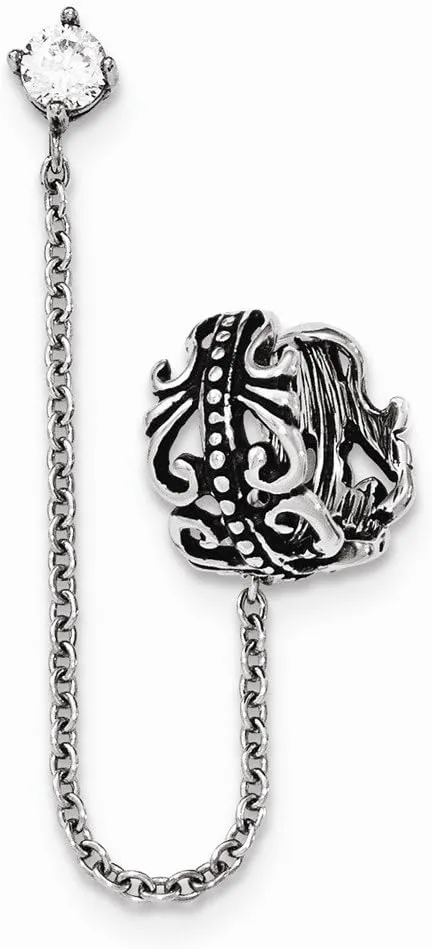 Solid Stainless Steel Antiqued And Polished W/CZ Cubic Zirconia Cuff Earring (Sold Single)