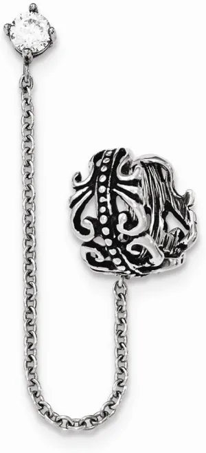 Solid Stainless Steel Antiqued And Polished W/CZ Cubic Zirconia Cuff Earring (Sold Single)
