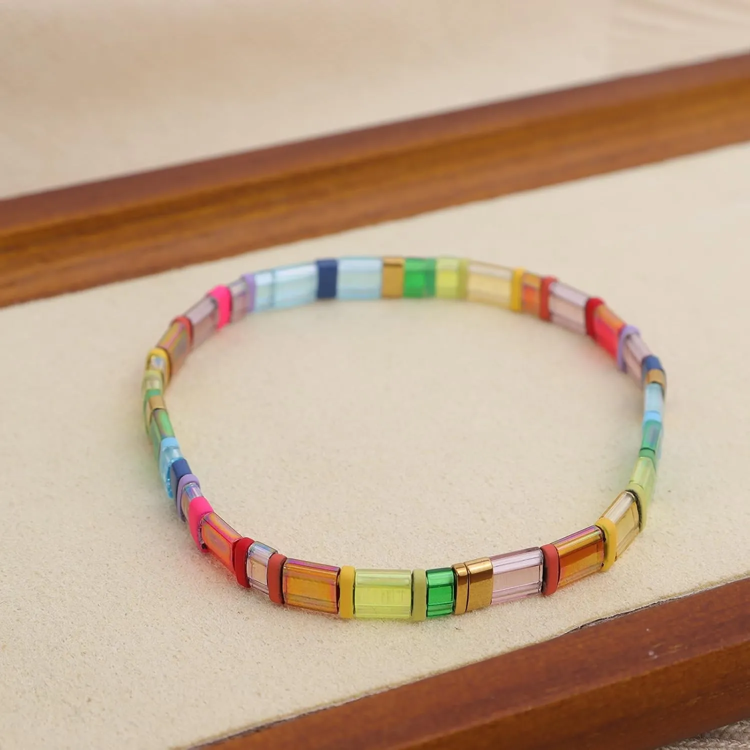 Sonateomber Tila Flat Beaded Stretch Bracelets for Women, Trendy Stackable Colorful Glass Square Beads Stack Bracelet Beach Jewelry Gift