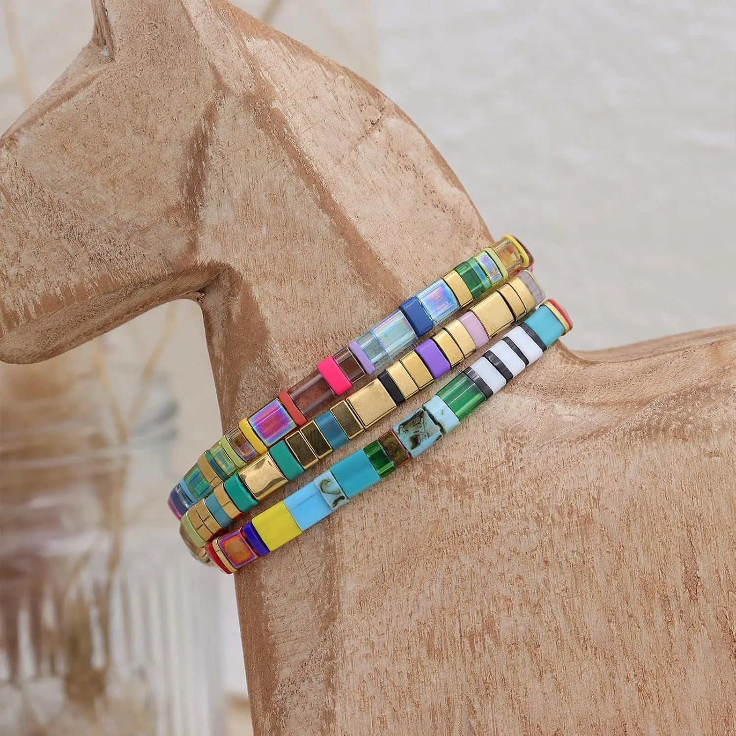 Sonateomber Tila Flat Beaded Stretch Bracelets for Women, Trendy Stackable Colorful Glass Square Beads Stack Bracelet Beach Jewelry Gift