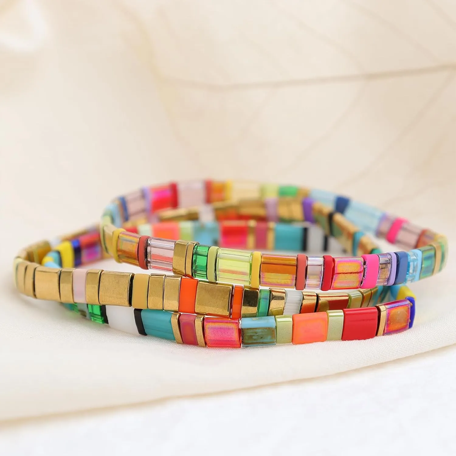 Sonateomber Tila Flat Beaded Stretch Bracelets for Women, Trendy Stackable Colorful Glass Square Beads Stack Bracelet Beach Jewelry Gift