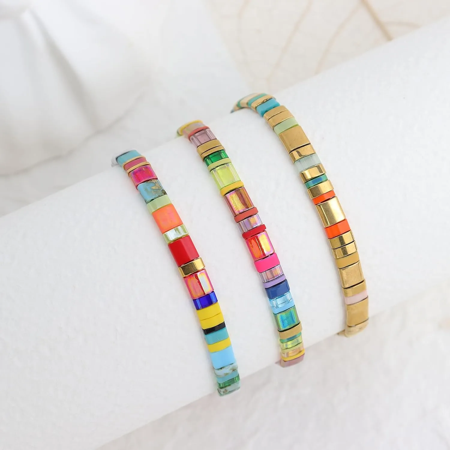 Sonateomber Tila Flat Beaded Stretch Bracelets for Women, Trendy Stackable Colorful Glass Square Beads Stack Bracelet Beach Jewelry Gift