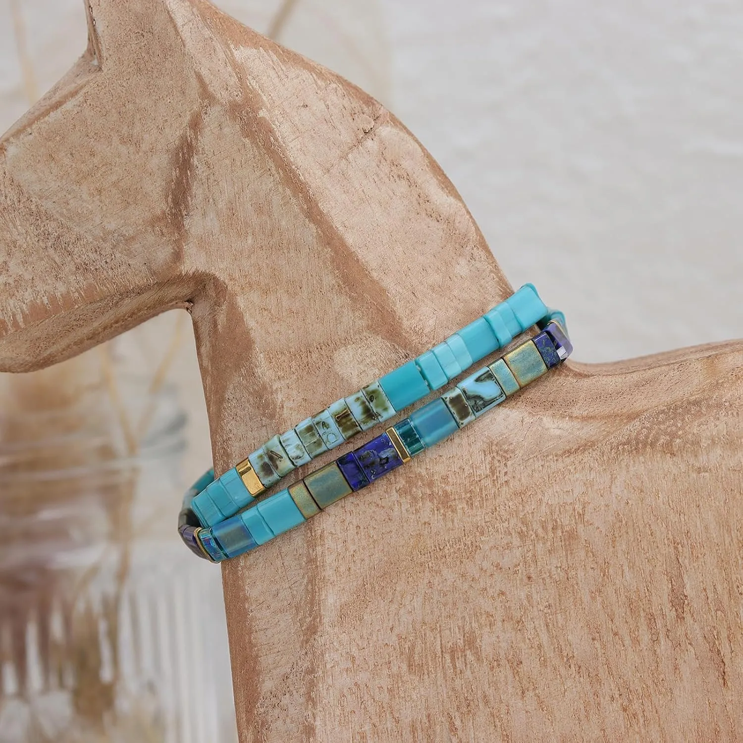 Sonateomber Tila Flat Beaded Stretch Bracelets for Women, Trendy Stackable Colorful Glass Square Beads Stack Bracelet Beach Jewelry Gift