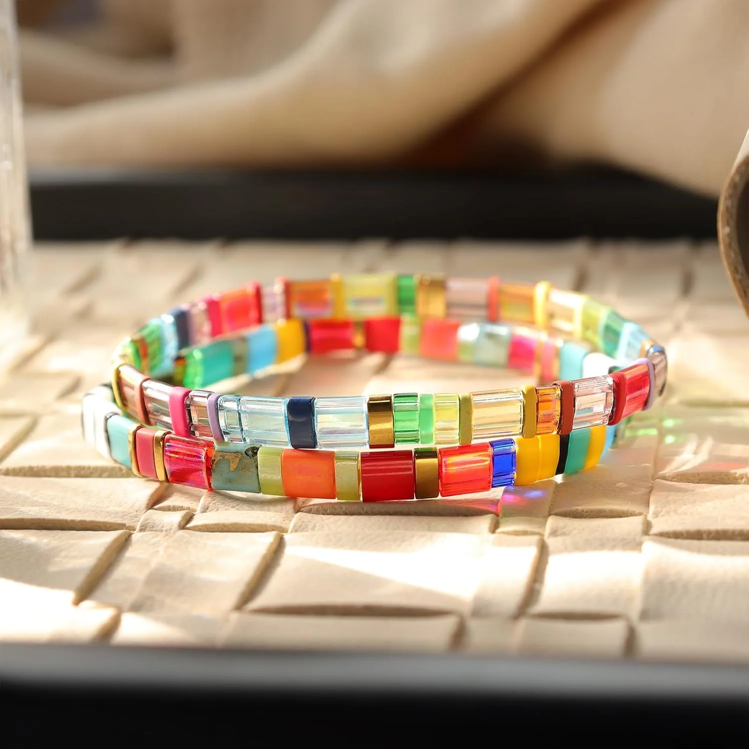 Sonateomber Tila Flat Beaded Stretch Bracelets for Women, Trendy Stackable Colorful Glass Square Beads Stack Bracelet Beach Jewelry Gift