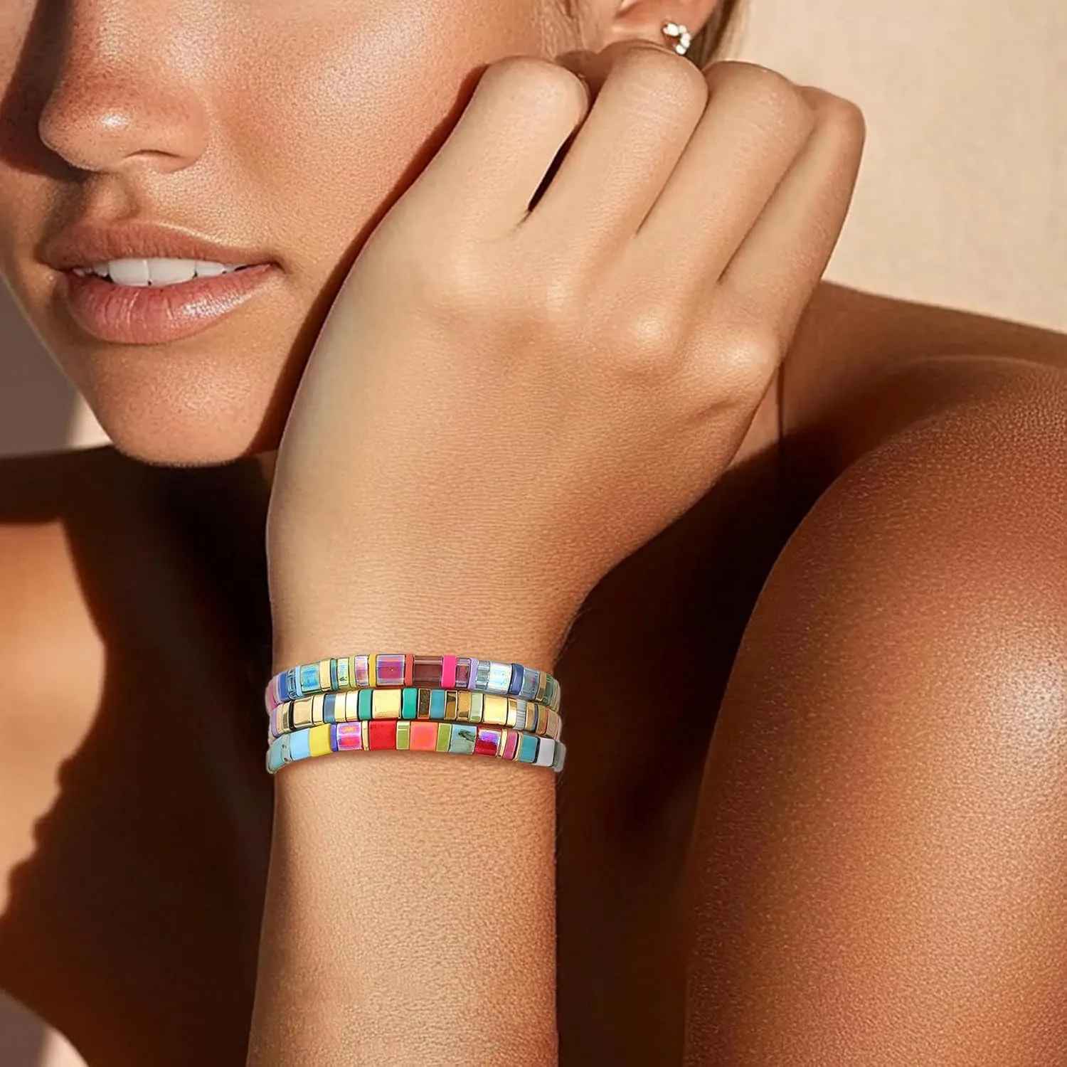 Sonateomber Tila Flat Beaded Stretch Bracelets for Women, Trendy Stackable Colorful Glass Square Beads Stack Bracelet Beach Jewelry Gift