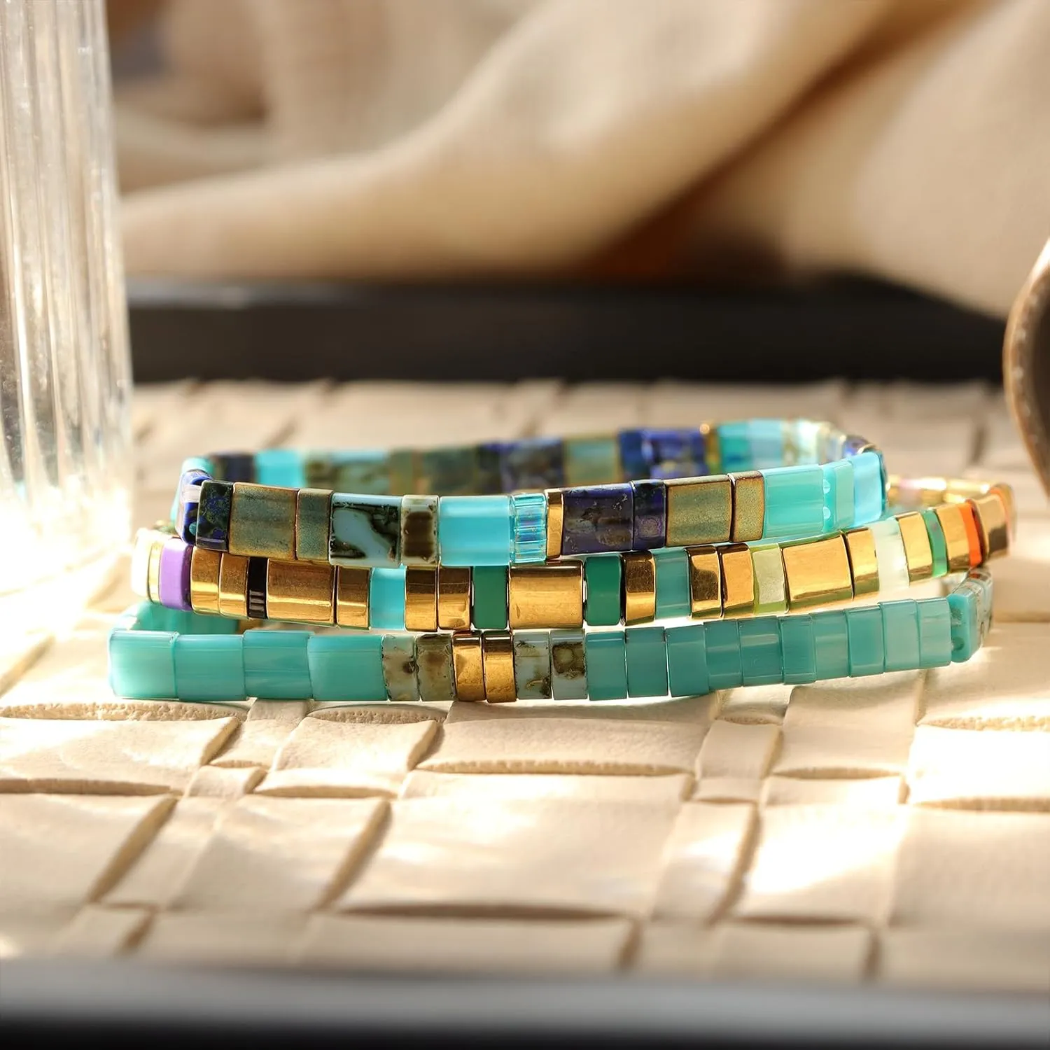 Sonateomber Tila Flat Beaded Stretch Bracelets for Women, Trendy Stackable Colorful Glass Square Beads Stack Bracelet Beach Jewelry Gift
