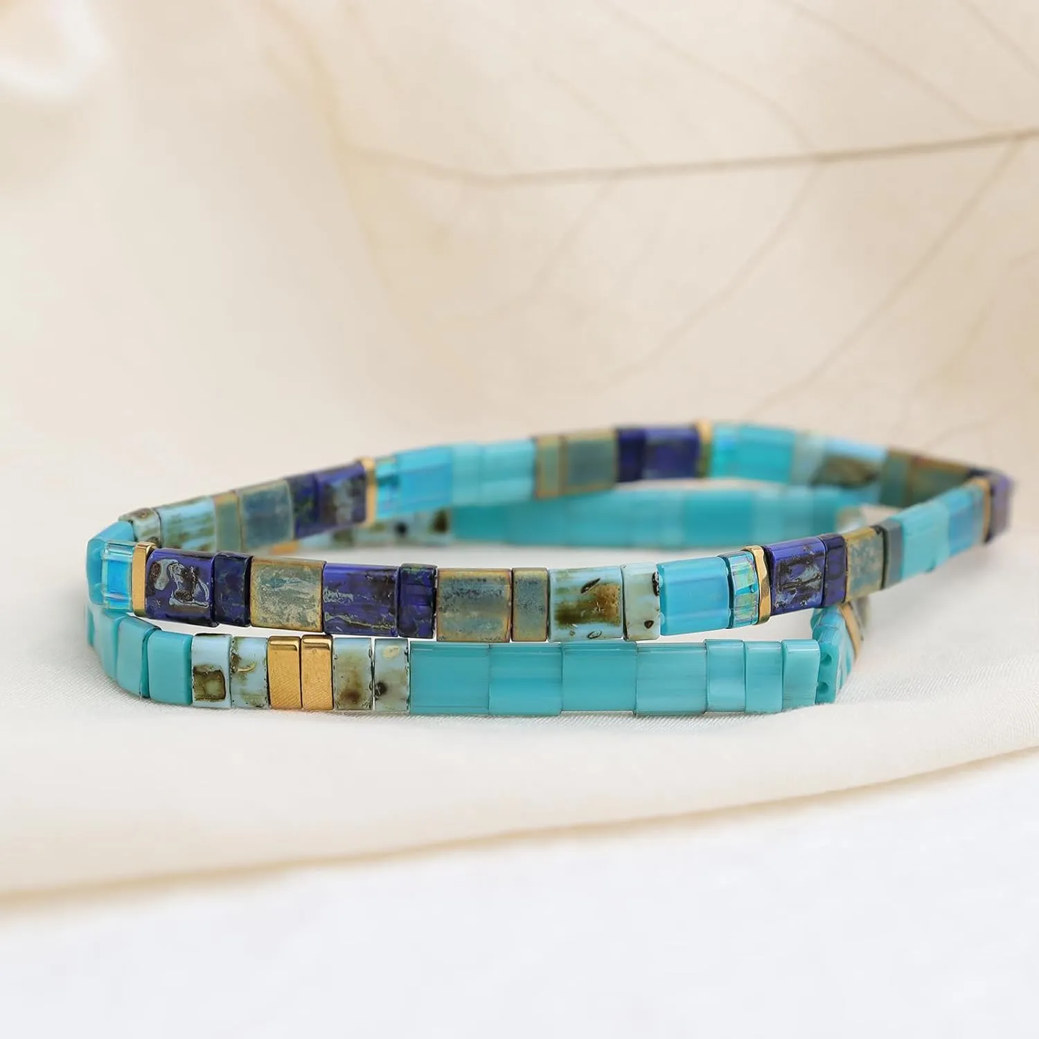 Sonateomber Tila Flat Beaded Stretch Bracelets for Women, Trendy Stackable Colorful Glass Square Beads Stack Bracelet Beach Jewelry Gift