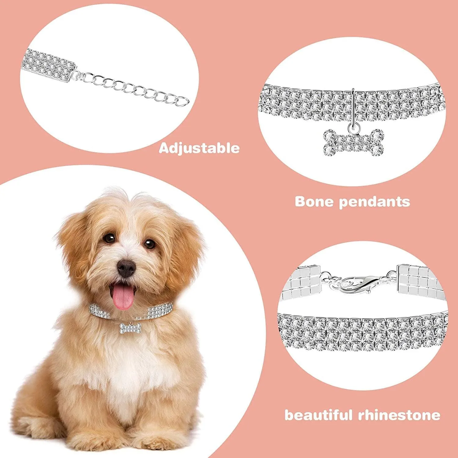 Sparkling Rhinestone Pet Collars - Adjustable Crystal Necklaces for Small Dogs & Cats (Set of 3, White)