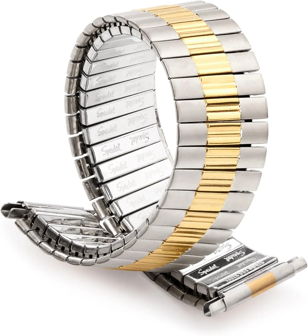 Speidel Mens Stainless Steel Comfortable Stretch Watch Band, Gold Silver Rose Gold or Dual Tone Replacement Strap,16 Through 22mm, No Clasp