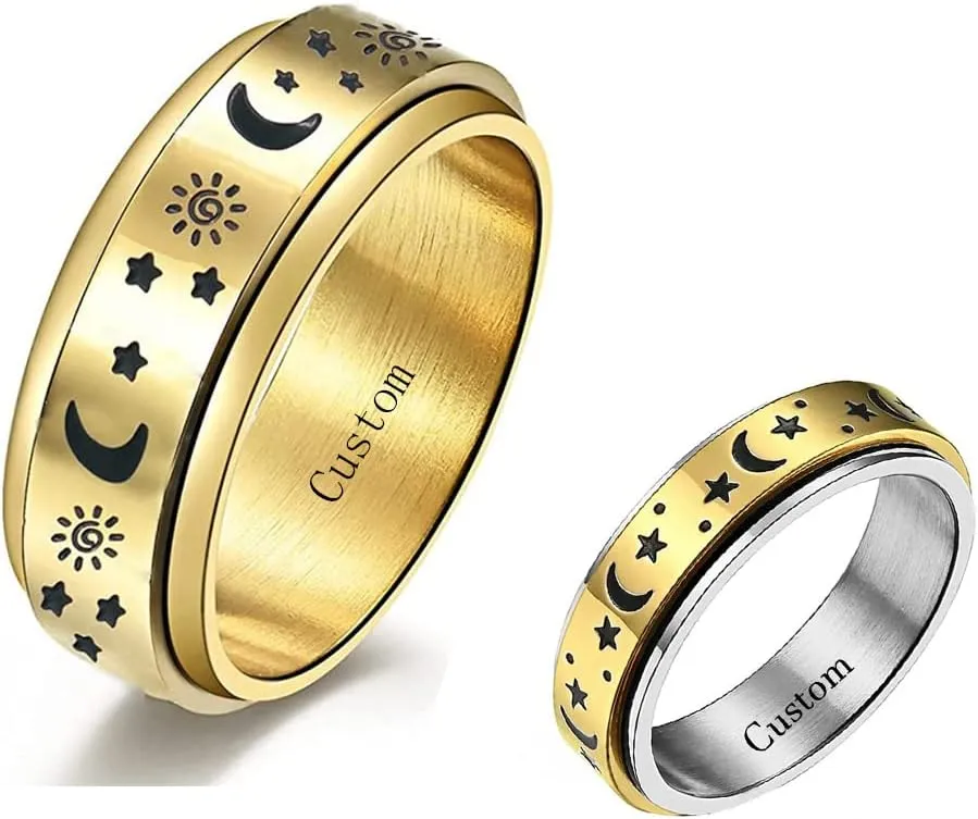 Spinner Ring Stainless Steel Fidget Ring Anxiety Ring For Men Women Personalized Moon Star Sun Statement Ring Gold Promise Engagement Rings for Couple Custom Name Rings for Men Size 6-11