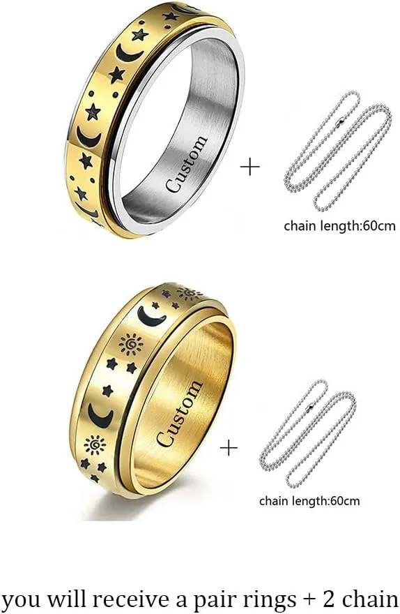 Spinner Ring Stainless Steel Fidget Ring Anxiety Ring For Men Women Personalized Moon Star Sun Statement Ring Gold Promise Engagement Rings for Couple Custom Name Rings for Men Size 6-11