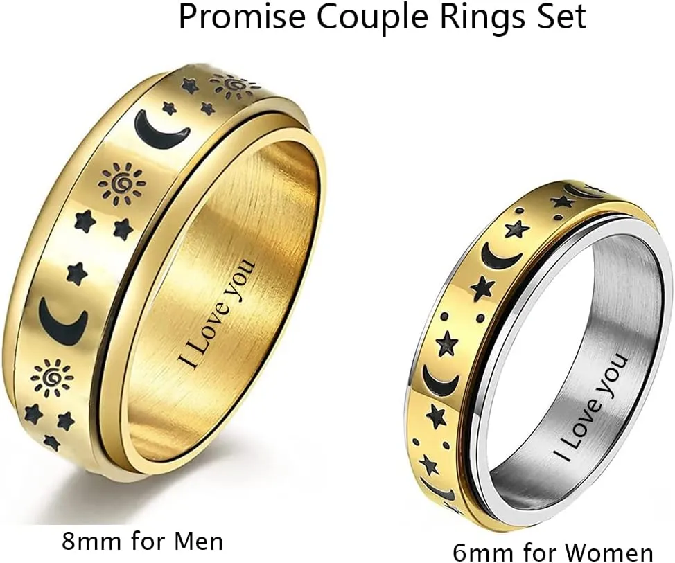 Spinner Ring Stainless Steel Fidget Ring Anxiety Ring For Men Women Personalized Moon Star Sun Statement Ring Gold Promise Engagement Rings for Couple Custom Name Rings for Men Size 6-11