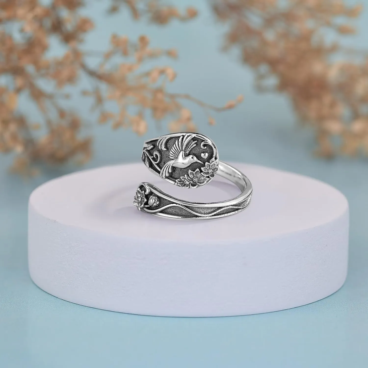 Spoon Ring Sterling Silver Hummingbird Ring Vintage Antique Spoon Rings Adjustable Thumb Rings for Women