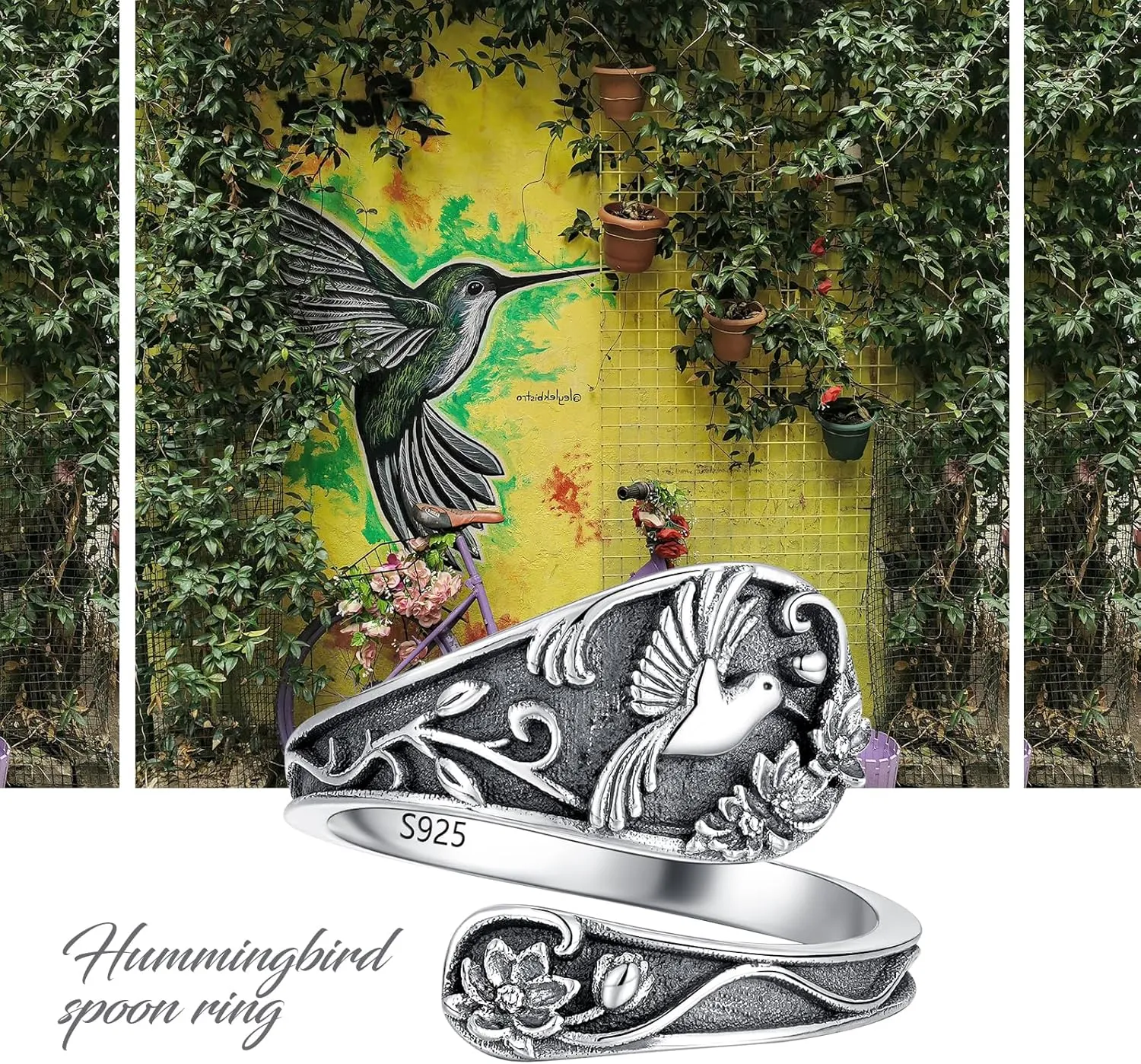 Spoon Ring Sterling Silver Hummingbird Ring Vintage Antique Spoon Rings Adjustable Thumb Rings for Women