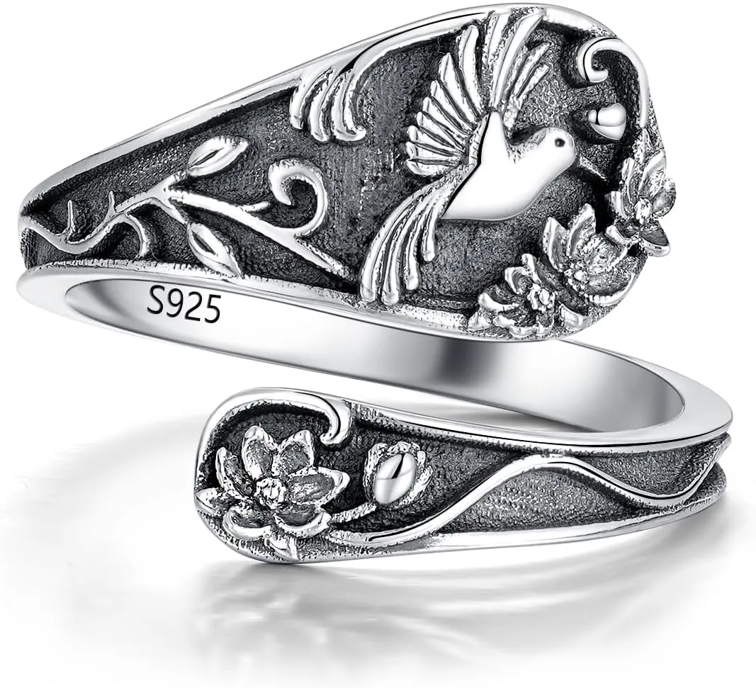 Spoon Ring Sterling Silver Hummingbird Ring Vintage Antique Spoon Rings Adjustable Thumb Rings for Women