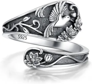 Spoon Ring Sterling Silver Hummingbird Ring Vintage Antique Spoon Rings Adjustable Thumb Rings for Women