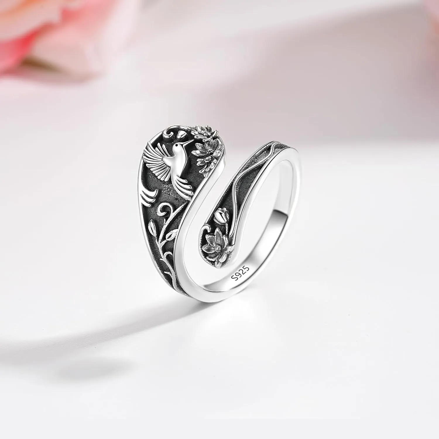 Spoon Ring Sterling Silver Hummingbird Ring Vintage Antique Spoon Rings Adjustable Thumb Rings for Women