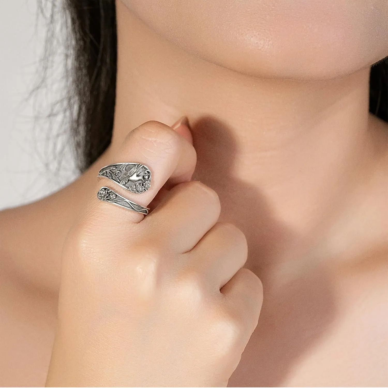 Spoon Ring Sterling Silver Hummingbird Ring Vintage Antique Spoon Rings Adjustable Thumb Rings for Women