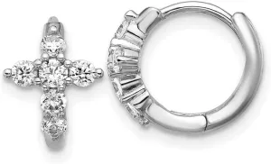 Ss Rhodium Plated Polished CZ Simulated Diamond Religious Faith Cross Hinged Round Hoop Earrings 11.65x13.7mm Wide 8.75mm Thick-Hoop Earring for Women