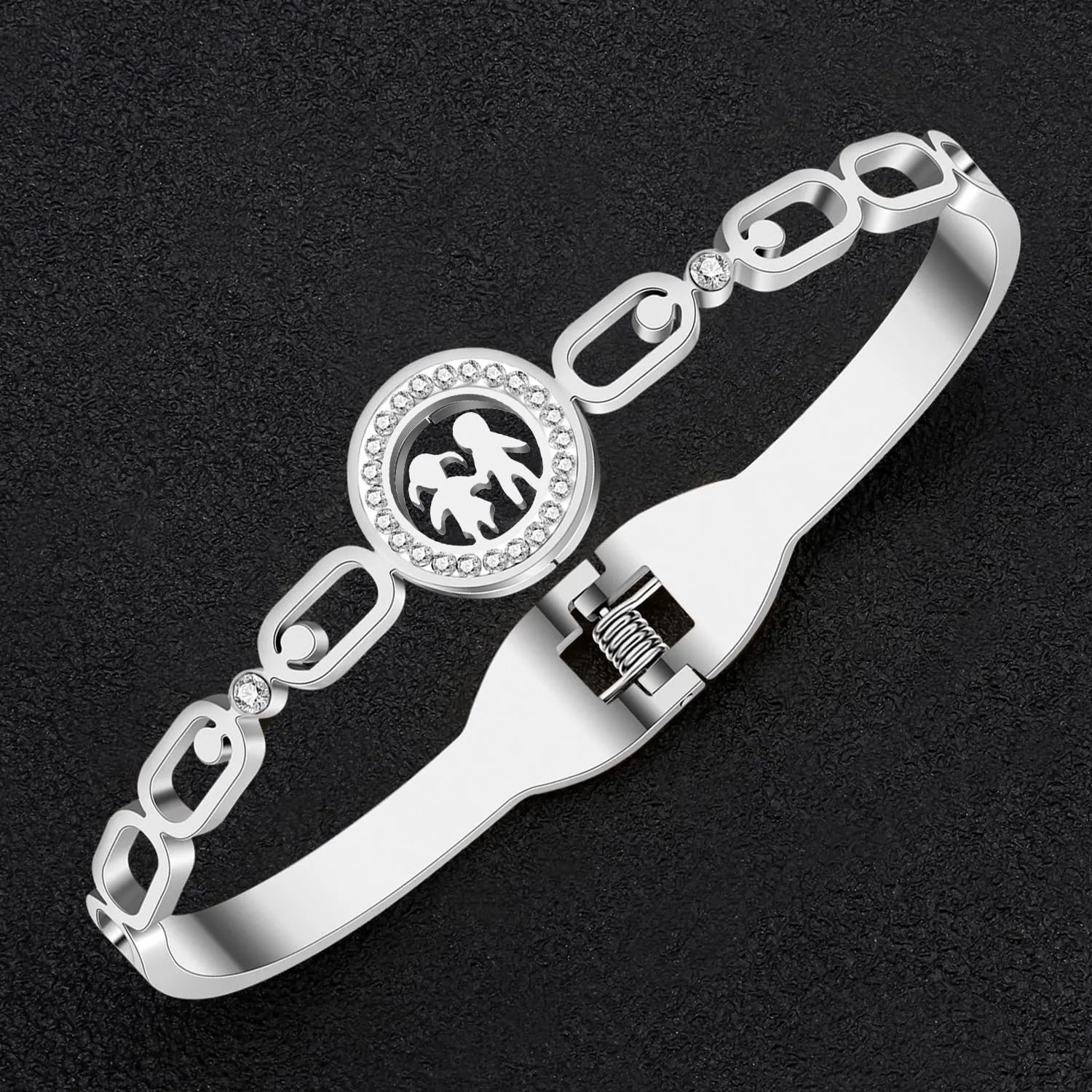 Stainless Steel 18K Gold Silver Plated Rhinestone Cute People Character Bangle Hollow Out Cuff Friendship Bracelets For Women Charms Gifts