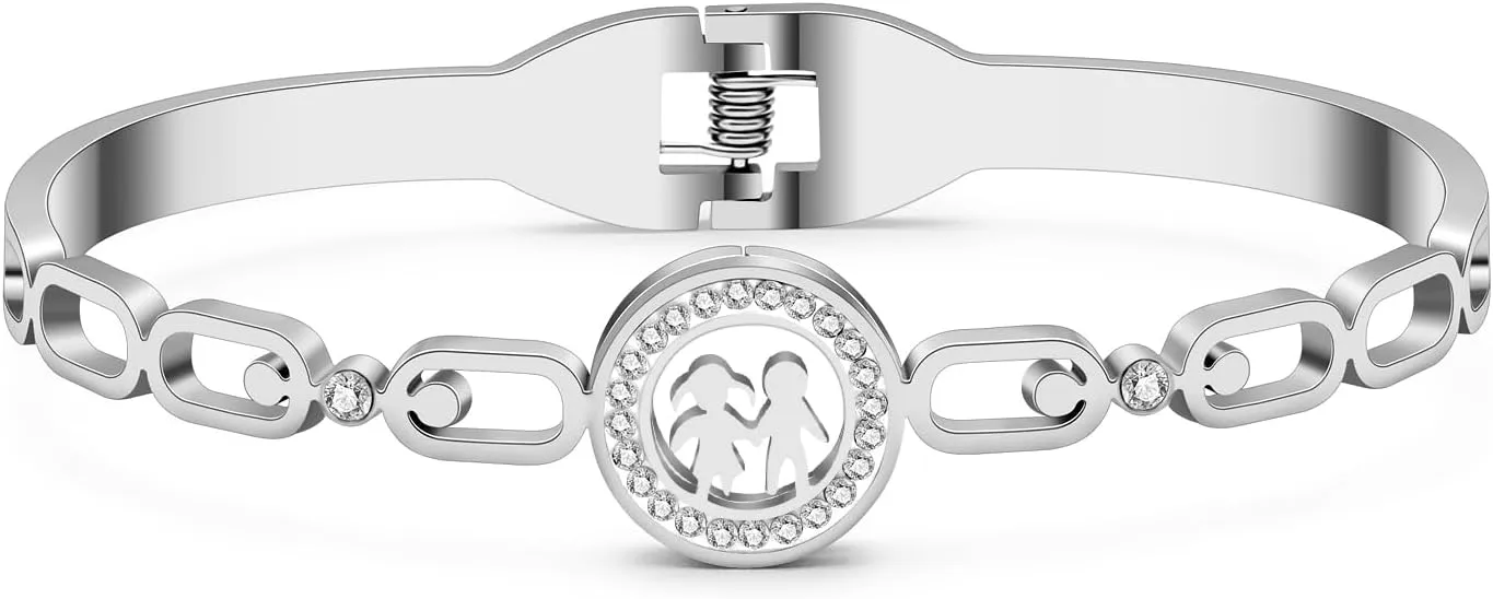 Stainless Steel 18K Gold Silver Plated Rhinestone Cute People Character Bangle Hollow Out Cuff Friendship Bracelets For Women Charms Gifts