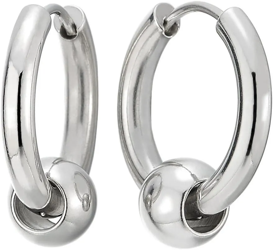 Stainless Steel Circle Beads Huggie Hinged Hoop Earrings for Men Women, 2pc