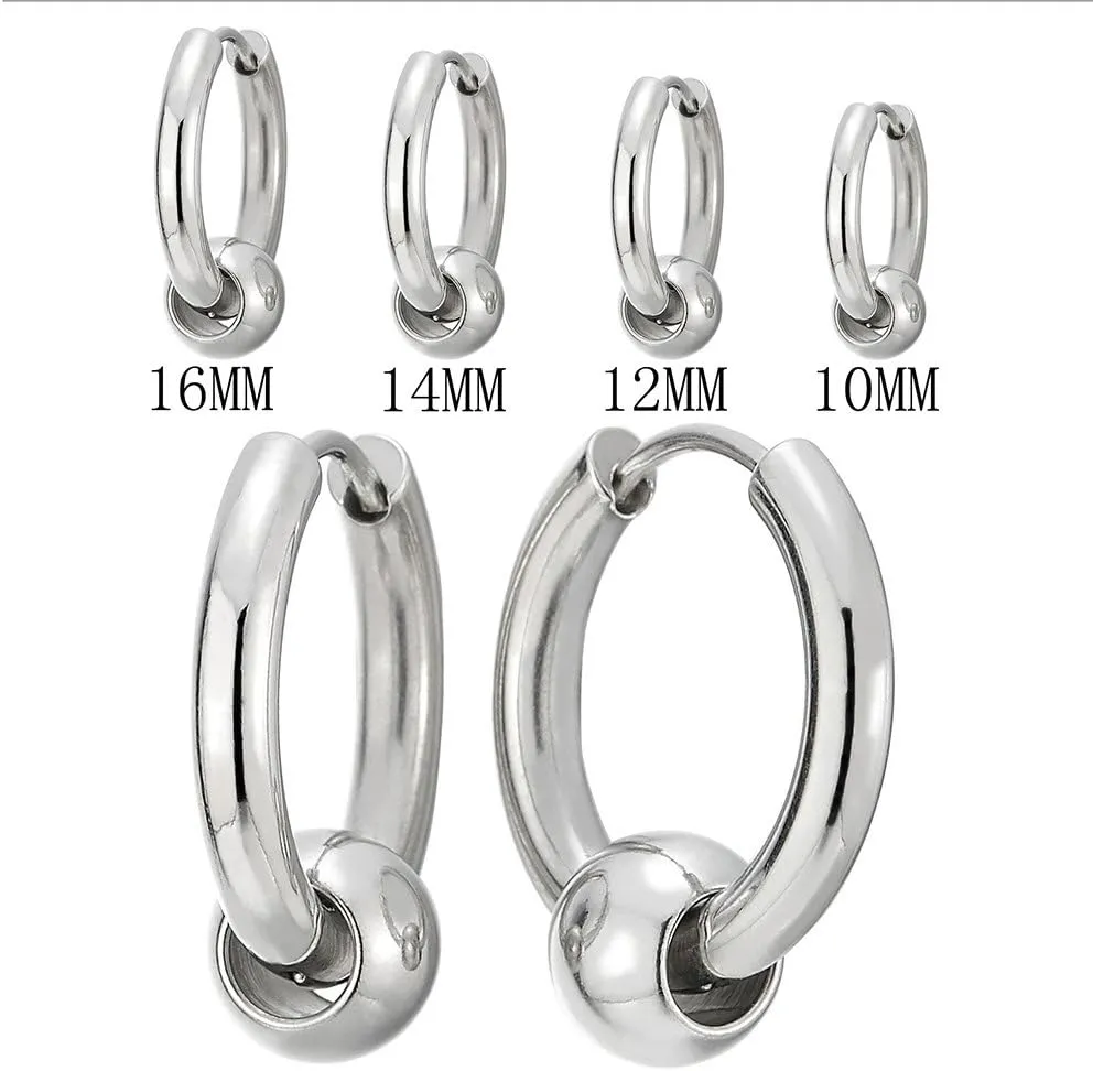 Stainless Steel Circle Beads Huggie Hinged Hoop Earrings for Men Women, 2pc