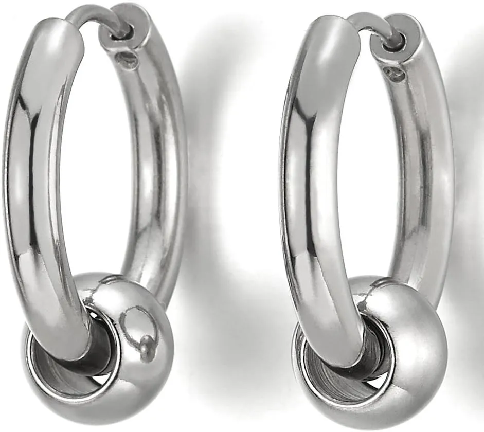 Stainless Steel Circle Beads Huggie Hinged Hoop Earrings for Men Women, 2pc