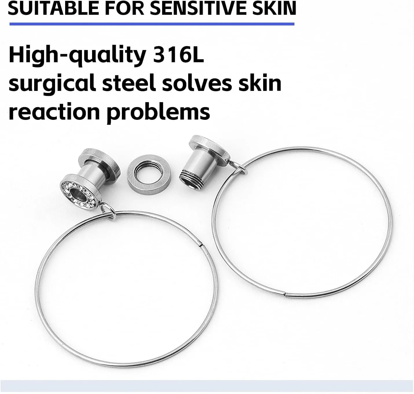 Stainless Steel Ear Tunnels with Nose Hoop Rings, 4-16mm, 2 Pieces