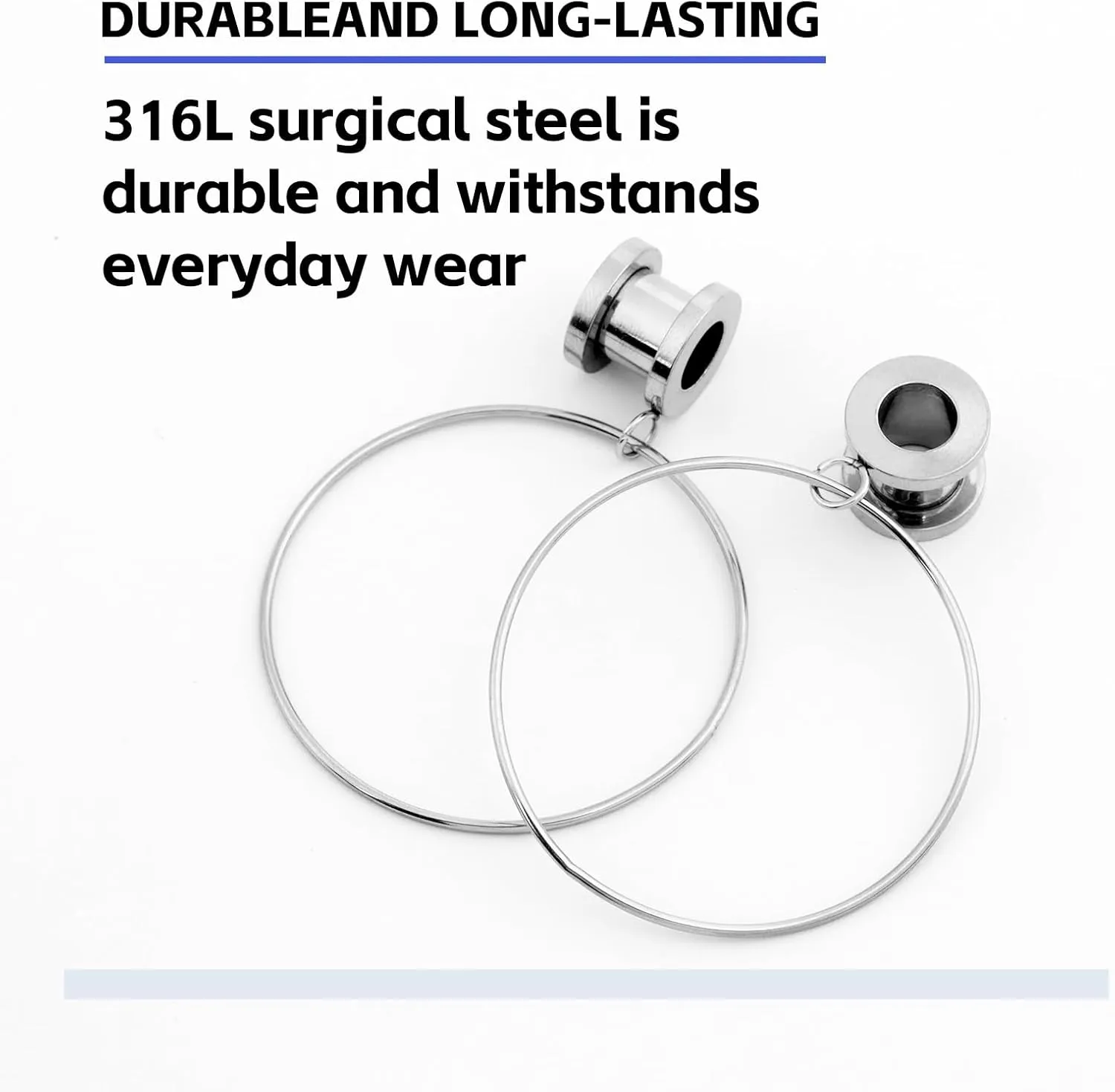 Stainless Steel Ear Tunnels with Nose Hoop Rings, 4-16mm, 2 Pieces