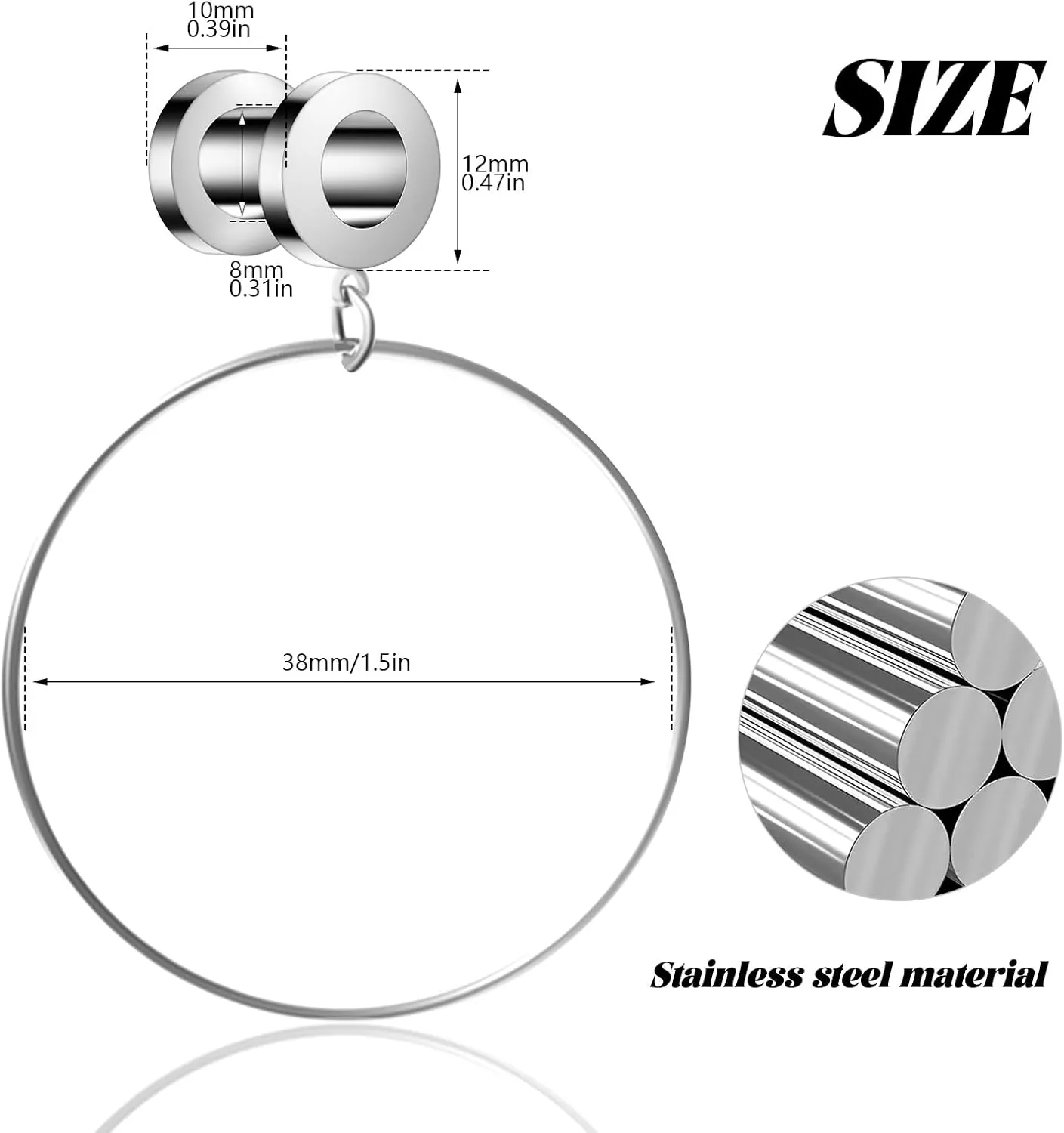 Stainless Steel Ear Tunnels with Nose Hoop Rings, 4-16mm, 2 Pieces