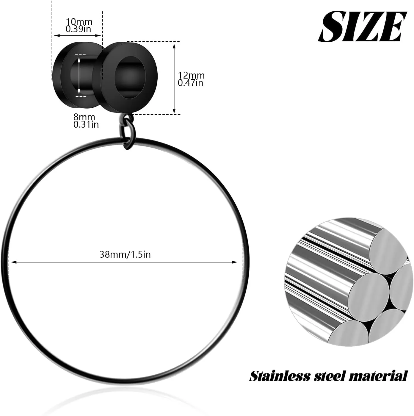 Stainless Steel Ear Tunnels with Nose Hoop Rings, 4-16mm, 2 Pieces