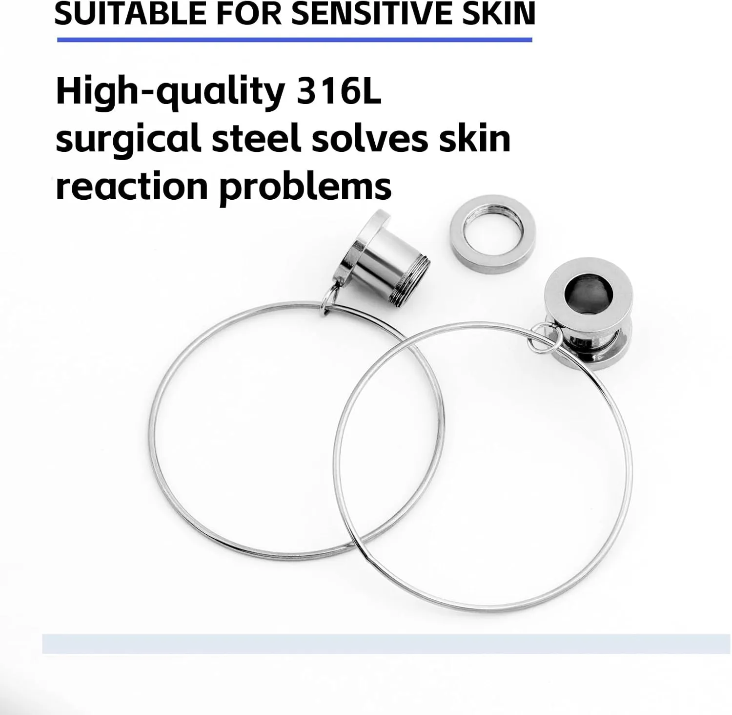 Stainless Steel Ear Tunnels with Nose Hoop Rings, 4-16mm, 2 Pieces