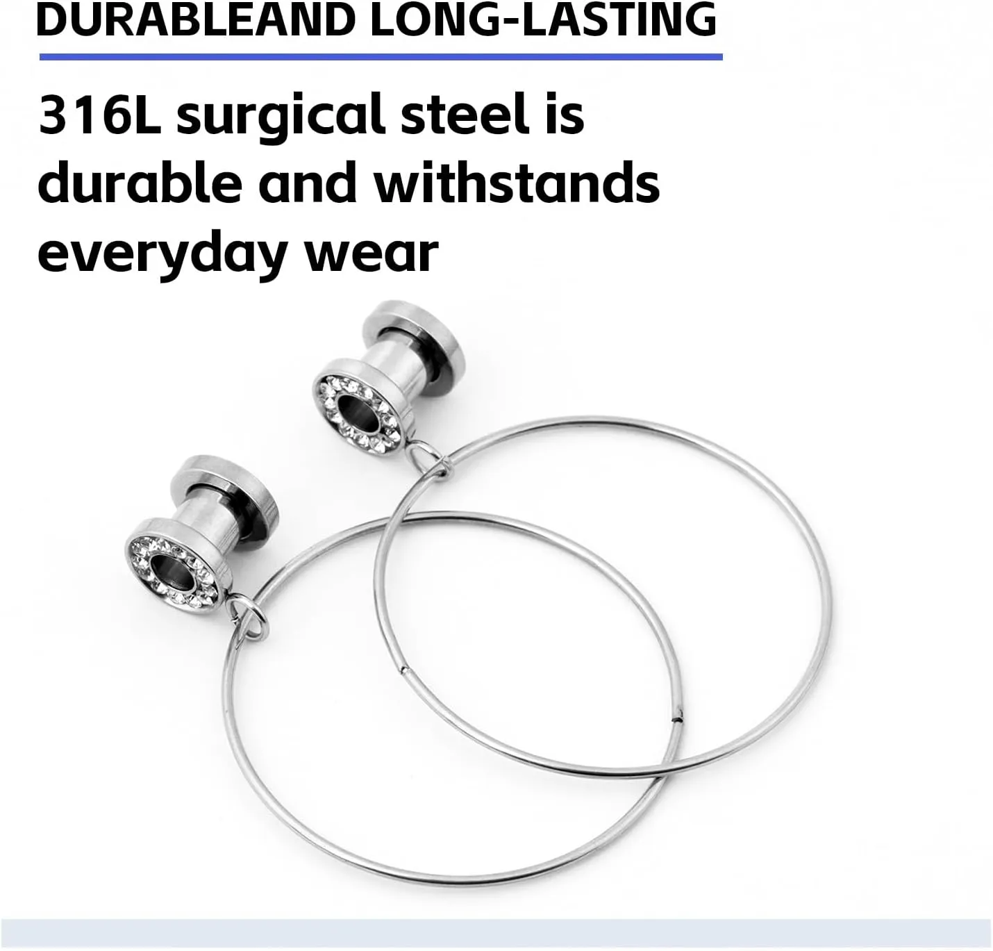 Stainless Steel Ear Tunnels with Nose Hoop Rings, 4-16mm, 2 Pieces